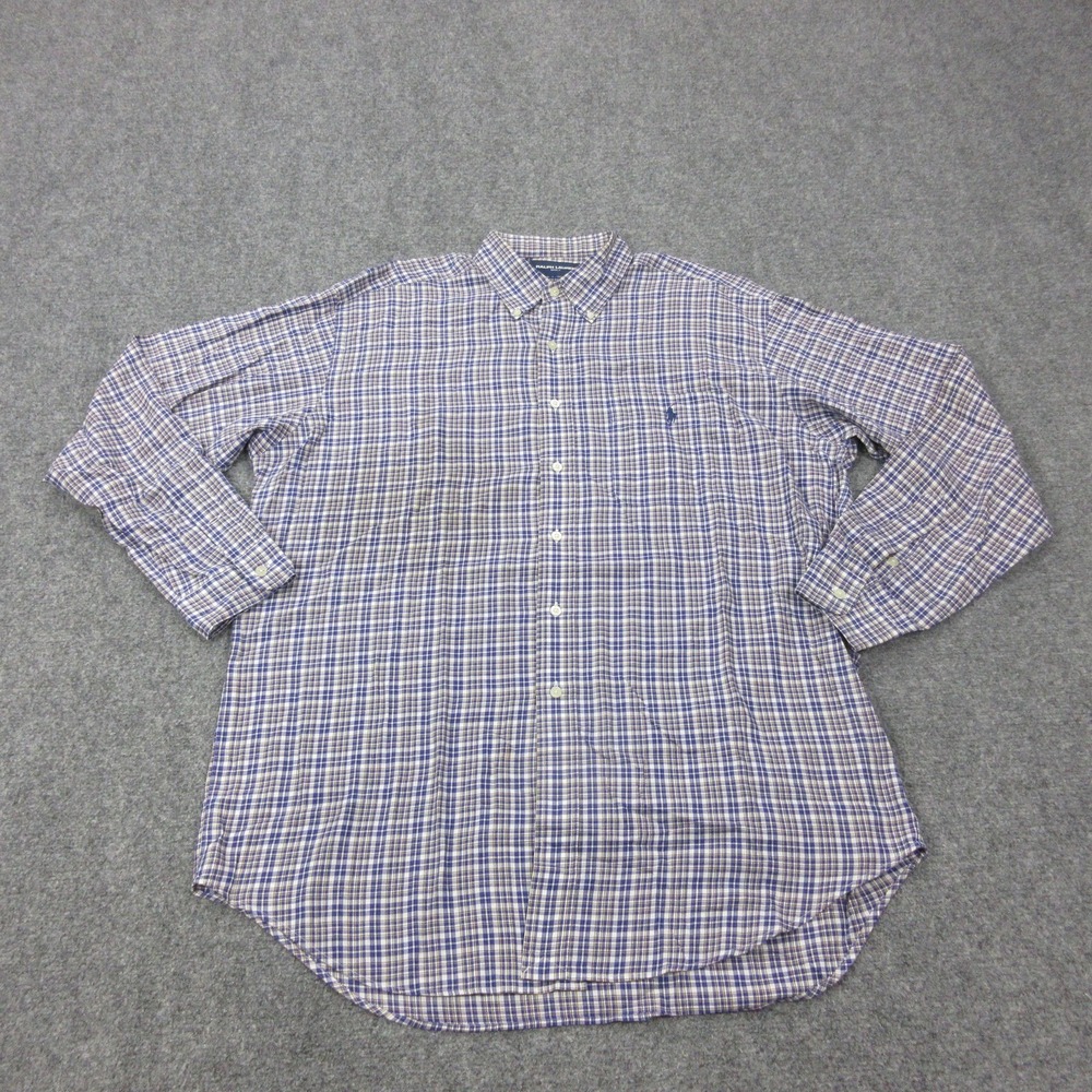 Ralph Lauren Golf Shirt Mens L Blue Plaid Tilden Cotton Long Sleeve Button Front